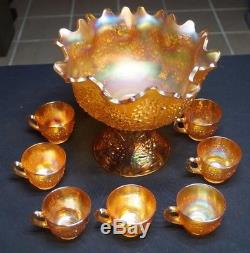 Classic 1907 1930 Fenton Marigold Orange Tree Carnival Glass 8pc Punch Bowl Set,Japanese Cocktail Glassware