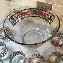 Vintage Houze Cera Merry Christmas Holly Stained Glass Punch Bowl & 12 Glass Set