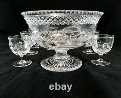 10 pc Thomas Webb WET45 ABP Cut Crystal Footed Punch Bowl & 9 Stemmed Glass Cups