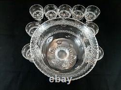 10 pc Thomas Webb WET45 ABP Cut Crystal Footed Punch Bowl & 9 Stemmed Glass Cups