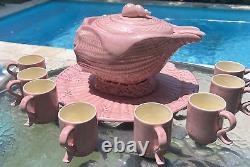 11 pc Conch Shell Beach Pink Ceramic Punch Bowl set 8 Cups & Platter & Ladle