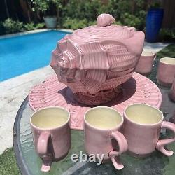 11 pc Conch Shell Beach Pink Ceramic Punch Bowl set 8 Cups & Platter & Ladle