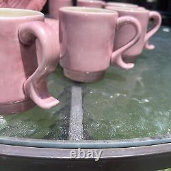 11 pc Conch Shell Beach Pink Ceramic Punch Bowl set 8 Cups & Platter & Ladle