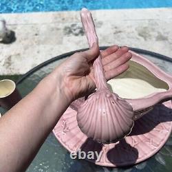 11 pc Conch Shell Beach Pink Ceramic Punch Bowl set 8 Cups & Platter & Ladle