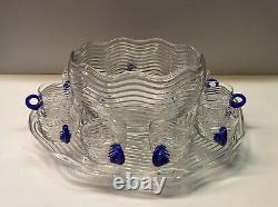 12pc Duncan & Miller Glass Punch Bowl Set Cups with Blue Handle