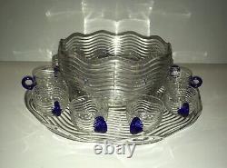 12pc Duncan & Miller Glass Punch Bowl Set Cups with Blue Handle