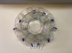 12pc Duncan & Miller Glass Punch Bowl Set Cups with Blue Handle