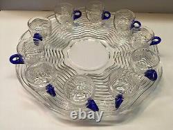 12pc Duncan & Miller Glass Punch Bowl Set Cups with Blue Handle