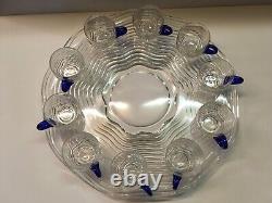 12pc Duncan & Miller Glass Punch Bowl Set Cups with Blue Handle