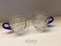 12pc Duncan & Miller Glass Punch Bowl Set Cups with Blue Handle