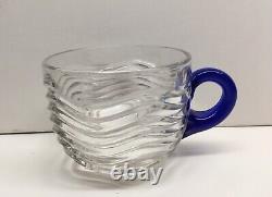 12pc Duncan & Miller Glass Punch Bowl Set Cups with Blue Handle