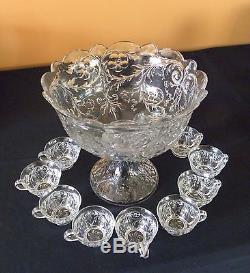 12pc McKee Rock Crystal Tall Punch Bowl and Base, 10 Cups, Clear, Depression