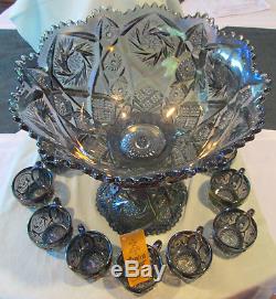 13 1/2 H By 13 3/4 D Imperial Carnival Glass Pedestal Punch Bowl W 12 Cups