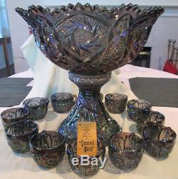 13 1/2 H By 13 3/4 D Imperial Carnival Glass Pedestal Punch Bowl W 12 Cups