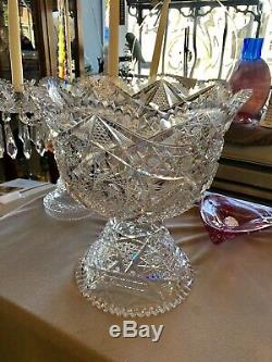 13 American Brilliant Period ABP Clear Cut Leaded Glass Punch Bowl on Stand