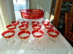 13 Pc Indiana Glass Clear Ruby Flash Lexington Thumbprint Punch Bowl & 12 Cups