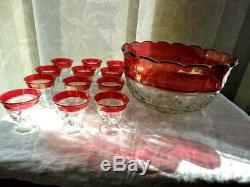 13 Pc Indiana Glass Clear Ruby Flash Lexington Thumbprint Punch Bowl & 12 Cups