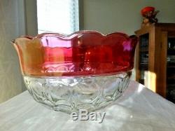 13 Pc Indiana Glass Clear Ruby Flash Lexington Thumbprint Punch Bowl & 12 Cups