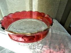 13 Pc Indiana Glass Clear Ruby Flash Lexington Thumbprint Punch Bowl & 12 Cups