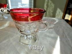 13 Pc Indiana Glass Clear Ruby Flash Lexington Thumbprint Punch Bowl & 12 Cups