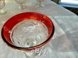 13 Pc Indiana Glass Clear Ruby Flash Lexington Thumbprint Punch Bowl & 12 Cups