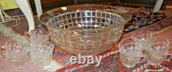 13 Pc Vintage Heisey Victorian Glass Punch Bowl & 12 Grape Pattern Cups Set