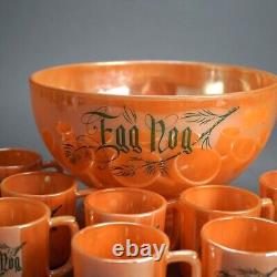 13 Piece Orange Luster Glass Eggnog Punch Bowl Set C1930