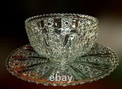 13 Pressed Glass Punch Bowl & Torte PlateDaisy Button Panel StarsRare Elegant