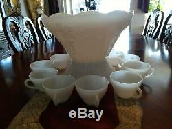 13 pcs Vintage Anchor Hocking Milk Glass Punch Bowl, Base, & Cups Embossed Grape