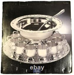 13 x 7 VINTAGE Royal Limited Silver-Plated PUNCH BOWL Set with 12 Cups, Ladle&Tray