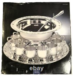 13 x 7 VINTAGE Royal Limited Silver-Plated PUNCH BOWL Set with 12 Cups, Ladle&Tray