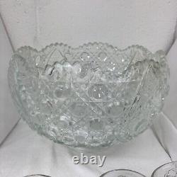 13pc Large Vintage L. E. SMITH Clear Glass DAISY & BUTTON Punch Bowl Set Heavy