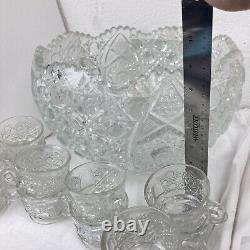 13pc Large Vintage L. E. SMITH Clear Glass DAISY & BUTTON Punch Bowl Set Heavy