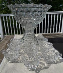 14 Fostoria American Punch Serving Bowl, 7 High Vase Base Stand and 9 Cups