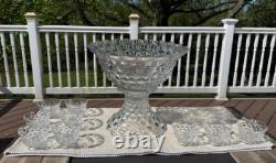 14 Fostoria American Punch Serving Bowl, 7 High Vase Base Stand and 9 Cups