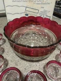 14 PC INDIANA COLONY LEXINGTON RUBY RED GLASS AMERICAN PUNCH BOWL SET with LADLE