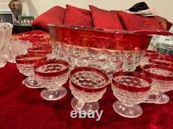 14 PC INDIANA COLONY LEXINGTON RUBY RED GLASS AMERICAN PUNCH BOWL SET with LADLE