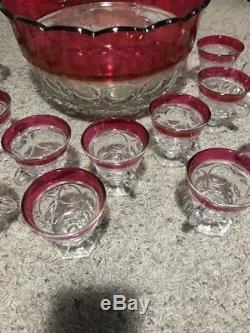 14 PC INDIANA COLONY LEXINGTON RUBY RED GLASS AMERICAN PUNCH BOWL SET with LADLE