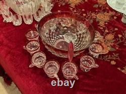 14 PC INDIANA COLONY LEXINGTON RUBY RED GLASS AMERICAN PUNCH BOWL SET with LADLE