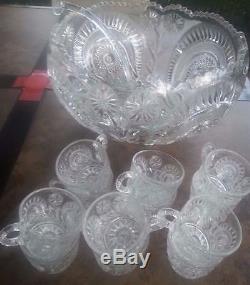 14 Pc Set Pinwheel Star Punch Bowl Cups L E Smith Slewed Horseshoe Party