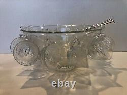 14 Pc Vintage Indiana Glass Pebble Leaf Punch Bowl with12 Cups & Ladle