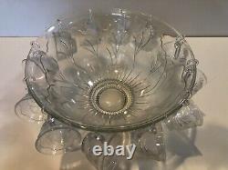 14 Pc Vintage Indiana Glass Pebble Leaf Punch Bowl with12 Cups & Ladle