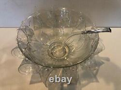 14 Pc Vintage Indiana Glass Pebble Leaf Punch Bowl with12 Cups & Ladle