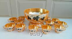 14 Piece Anchor Hocking Peach Luster Punch Bowl Set