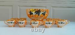 14 Piece Anchor Hocking Peach Luster Punch Bowl Set