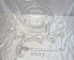 14 Piece Punch Bowl Set withLadle Hand Blown Crystal Moderno Riekes Crisa NOS Vtg