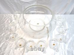 14 Piece Punch Bowl Set withLadle Hand Blown Crystal Moderno Riekes Crisa NOS Vtg