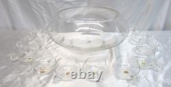 14 Piece Punch Bowl Set withLadle Hand Blown Crystal Moderno Riekes Crisa NOS Vtg