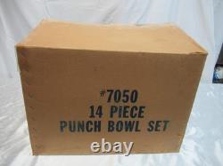 14 Piece Punch Bowl Set withLadle Hand Blown Crystal Moderno Riekes Crisa NOS Vtg