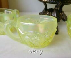 14pc Vntg FENTON Yellow Iridescent Opalescent with Bronze Stand PUNCH BOWL SET